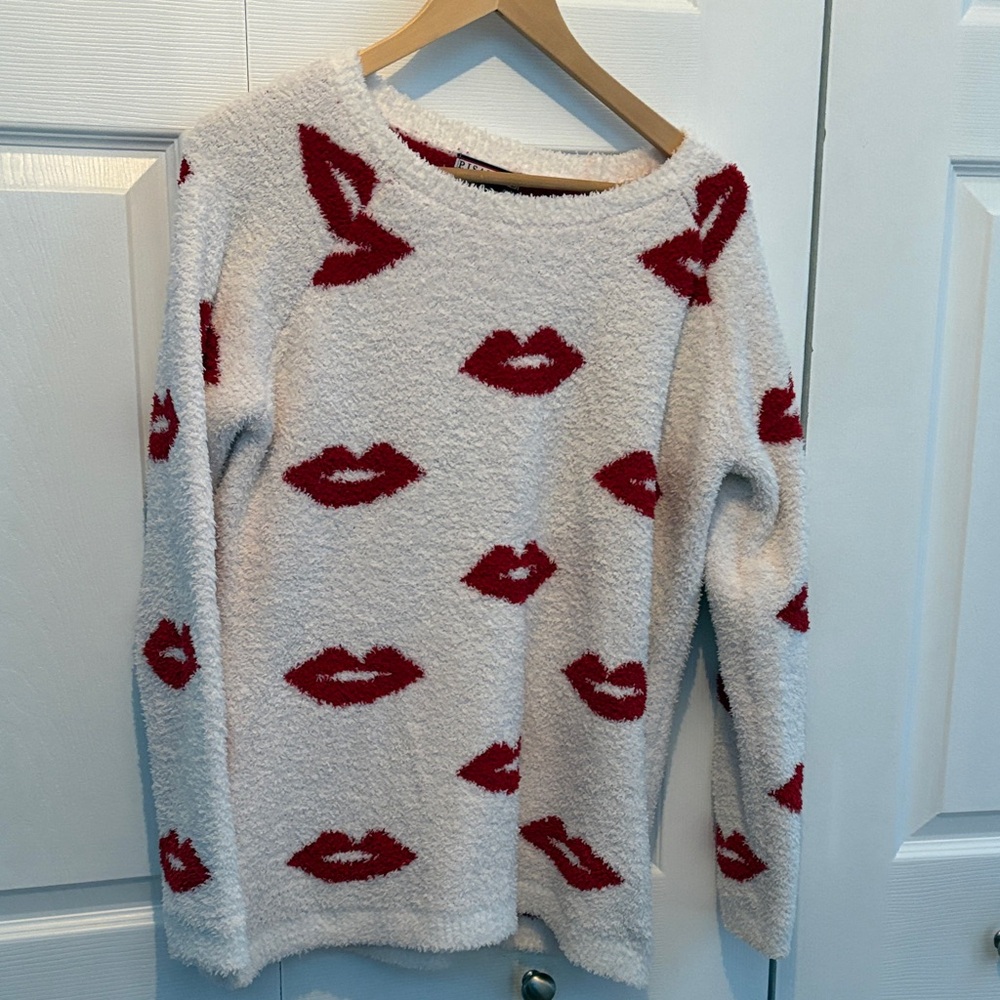 PJ Salvage Cream Sweater with Red Lip Pattern